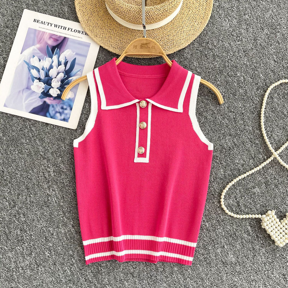 Minimalist striped knit sleeveless tank top for women - summer lapel, slim fit, figure-flattering design, chic and stunning, petite-friendly top