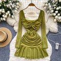 Pure desire sexy women's dress autum pleated waist elegant square neck long sleeves ruffles mesh skirt