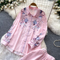 Light mature style printed cardigan wide-leg pants two-piece set for women autumwork clothingcasualslimming lookeasiest for matchsuit