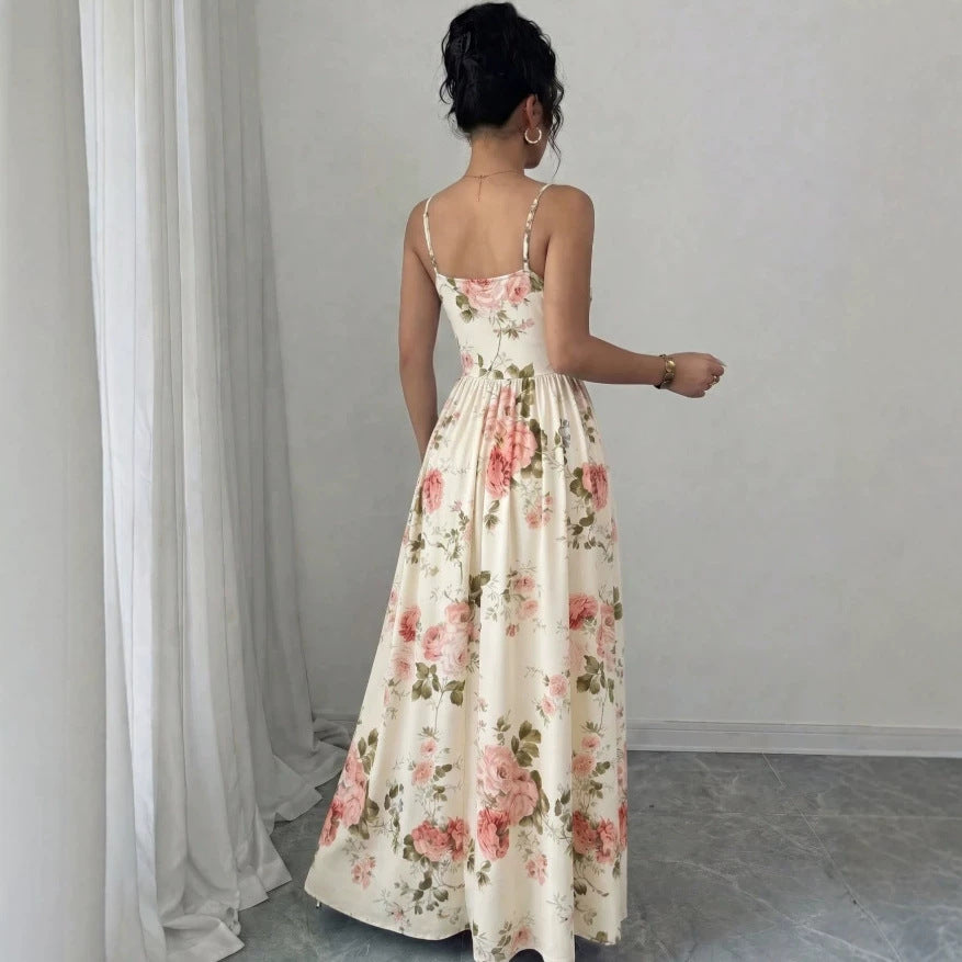 european and american style women's elegant slim-fit printed slip dress with cinched waist