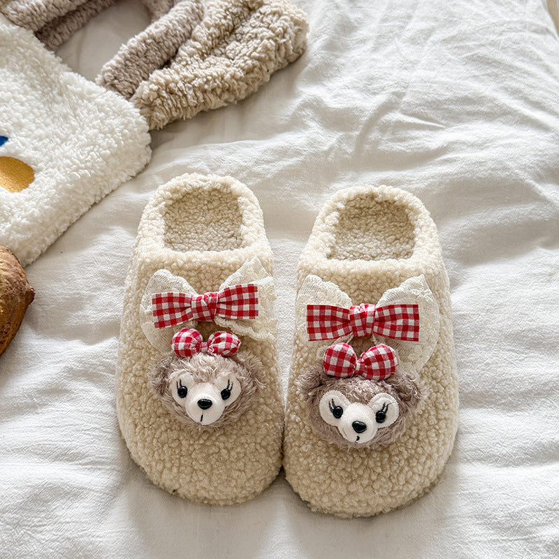Cotton slippers women's autumn wintercute shirley rose bear outwearthick sole home non-slipfleece-linedheattech confinement shoes