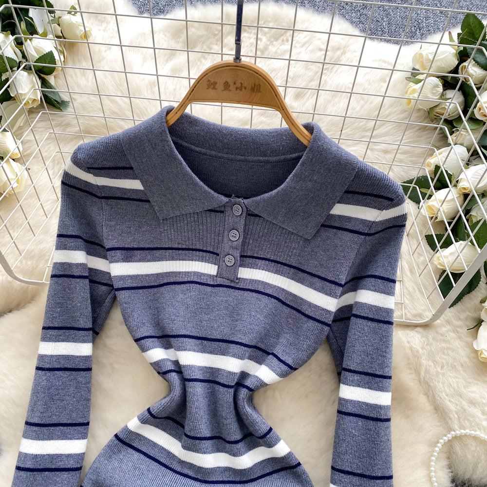 Autumn french retrofashionablecontrast colorstripesdress women's waist slimmingelegant lapel long sleevessweater skirt