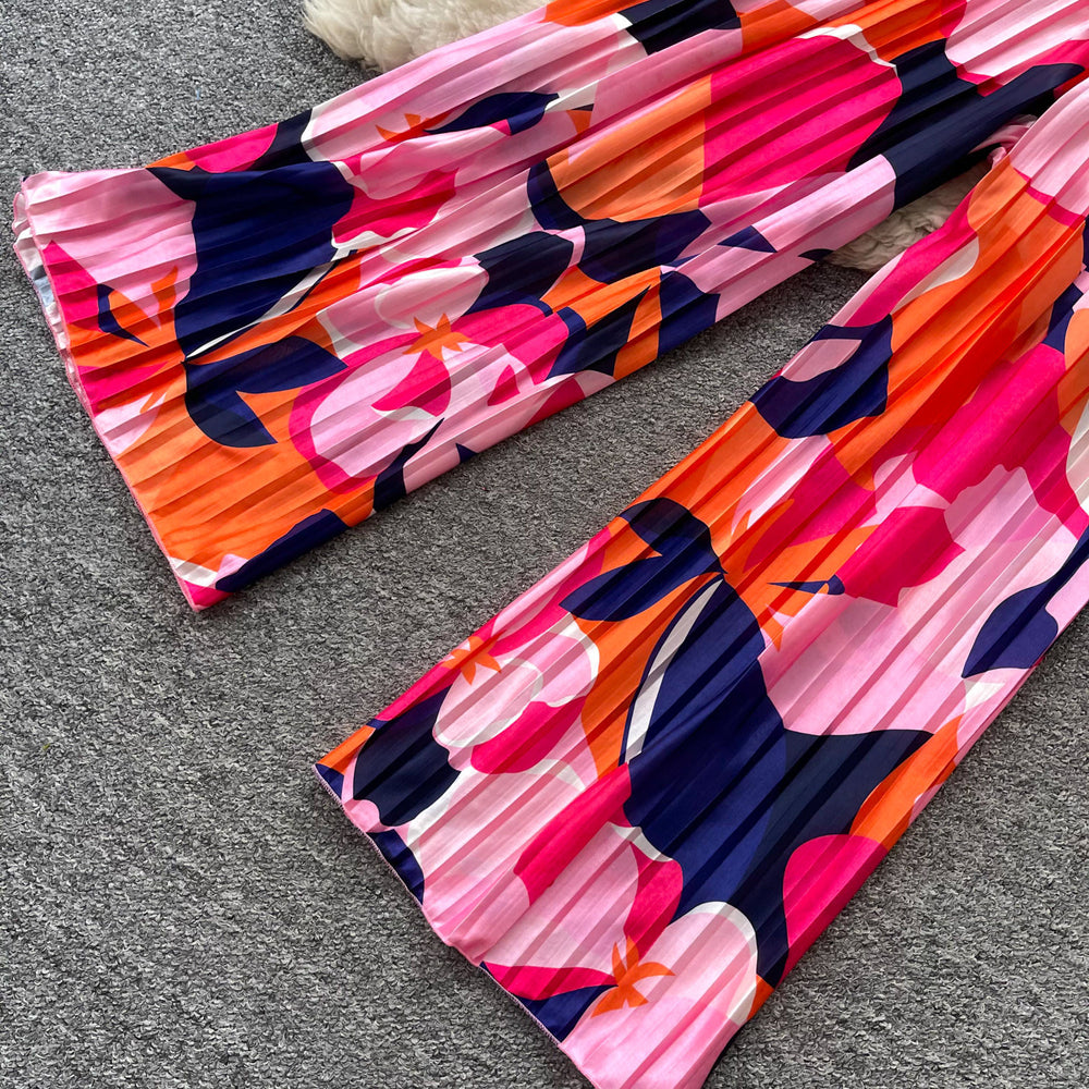 Summer commute style bandeau top & printed casual pants two-piece set - women's high-waisted wide-leg trousers - perfect for summer strolls