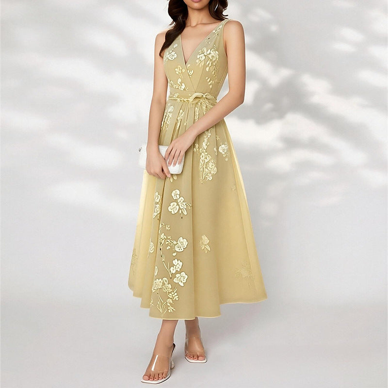 women's summer maxi dress - cross-border european & american style - elegant printed waist-tie dress