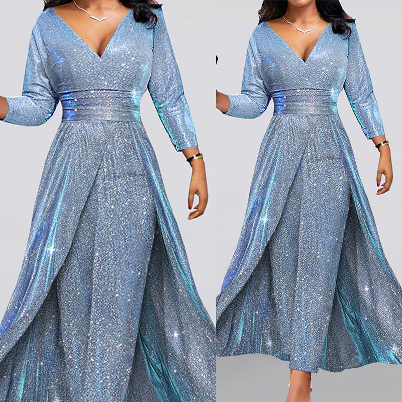 exportfashion banquet dress ins double-sided sequined large skirt tube topsexyfashion jumpsuit