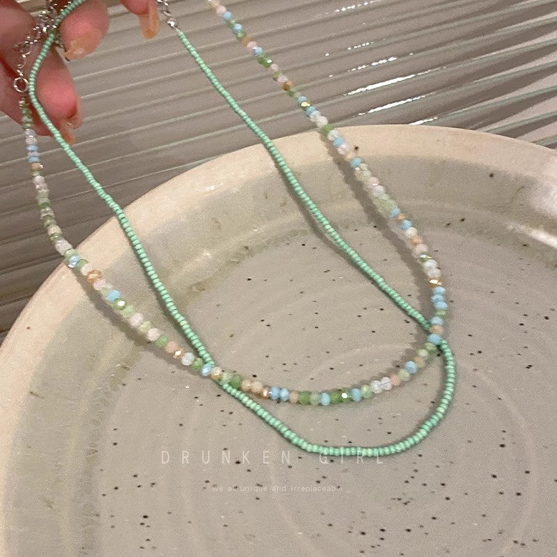 Summer dopamine colorful beaded necklace women's light luxury niche double layered clavicle chain 2025 new neck chain
