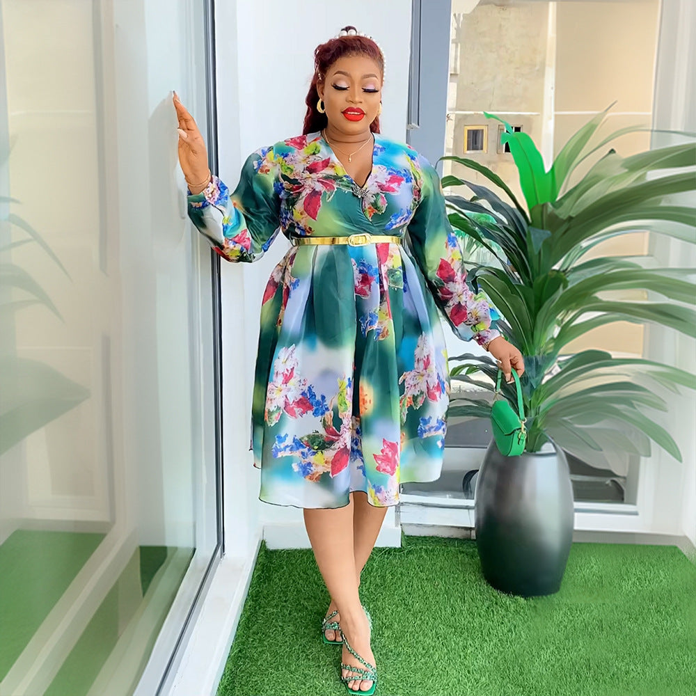 African  spring/summer new arrivals:  cross-border e-commerce women's plus size v-neck printed dress with belt