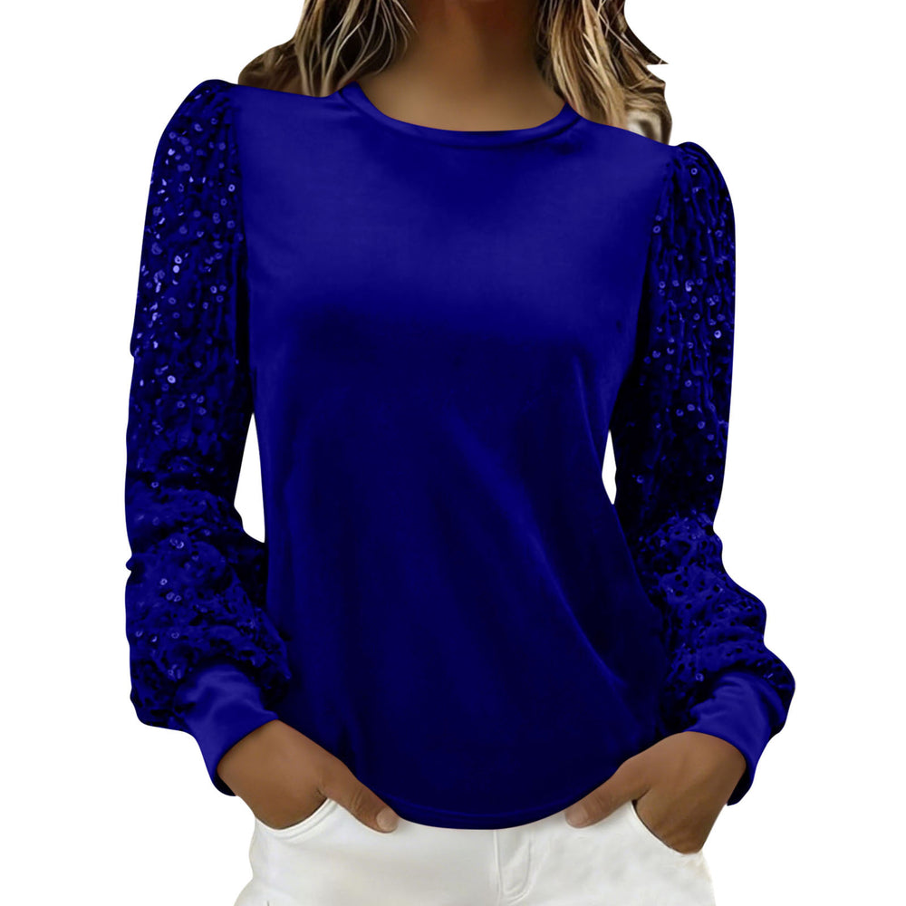 new arrival: independent e-commerce fashion women's gold velvet crew neck sequin patchwork long sleeve t-shirt top (us & european style)