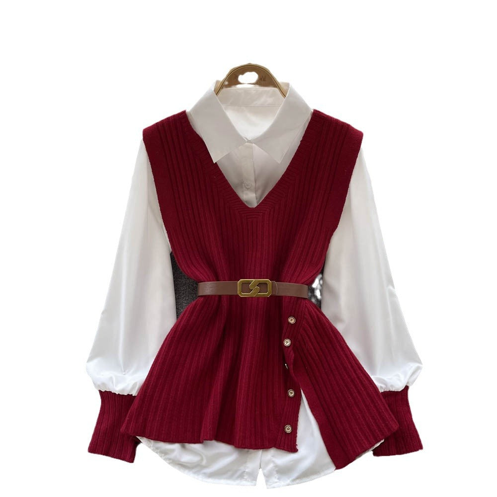Autumn new arrival: chic & mature style - loose fit lapel patchwork white shirt + v-neck asymmetrical knit vest two-piece set