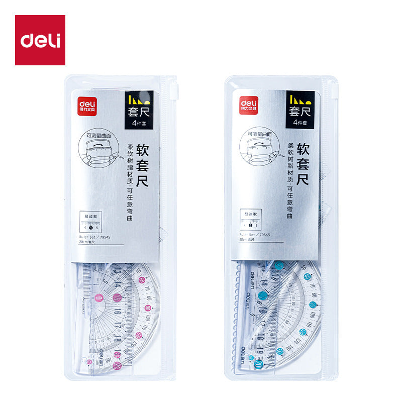 Deli 79545 Student Ruler Soft Ruler 20cm Straight Ruler Protractor Triangle Board Soft Ruler Set Four-piece Set