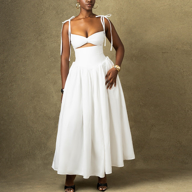 Fashion style insexport women's clothing fashionpure colordress suspender off-shoulder sleeveless large skirt skirt dress