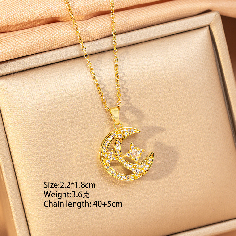 【titanium steel】korean & japanese style full diamond hollow star & moon necklace - women's lightweight luxury fashion new clavicle chain accessory