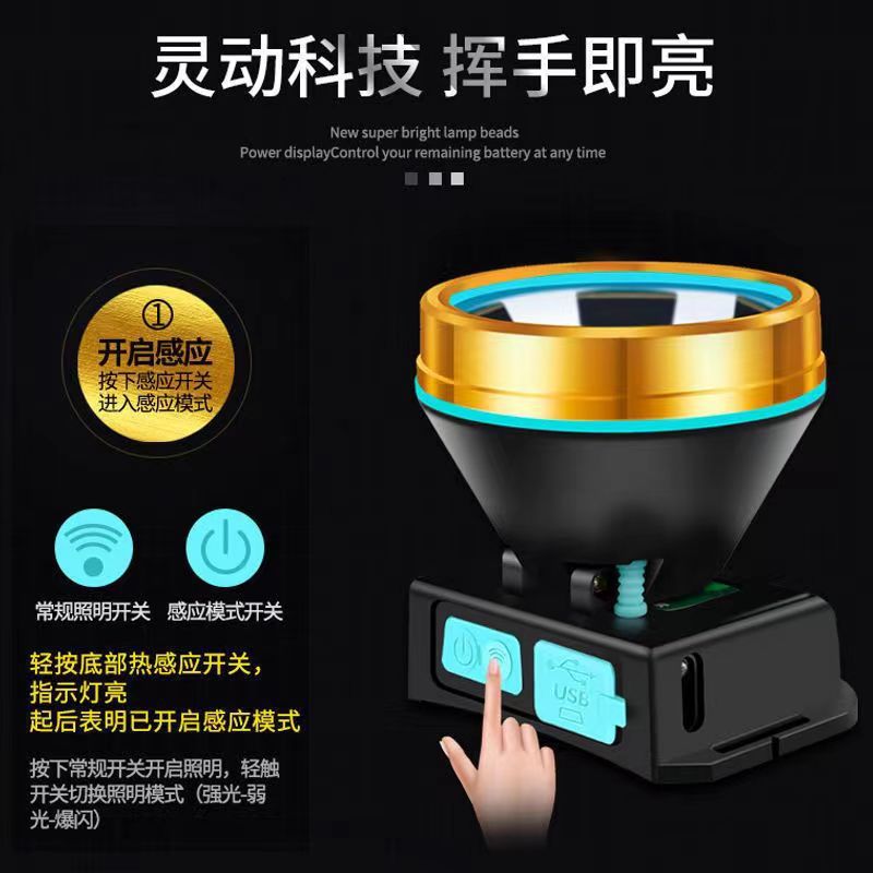 Induction Strong Light Headlight LED Rechargeable Outdoor Lighting Flashlight Headset Night Fishing Light High Power Miner Light