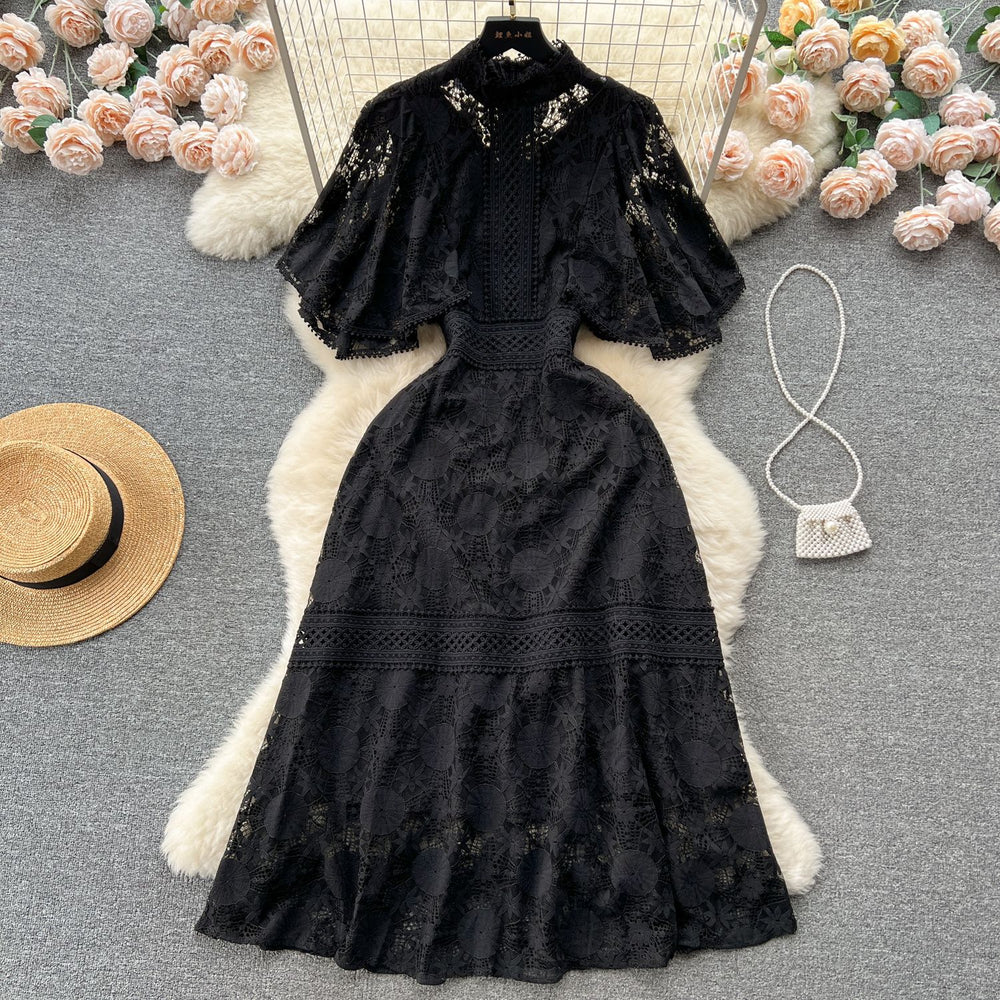 European style gold embroidered lace dress - women's summer a-line dress with delicate cutouts, ruffle sleeves, and a touch of luxury