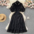 European style gold embroidered lace dress - women's summer a-line dress with delicate cutouts, ruffle sleeves, and a touch of luxury