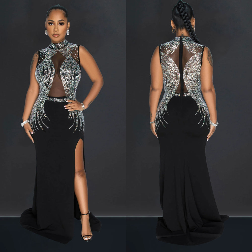 C6860 cross-border   fashion women's solid color mesh rhinestone slit maxi dress