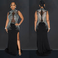 C6860 cross-border   fashion women's solid color mesh rhinestone slit maxi dress