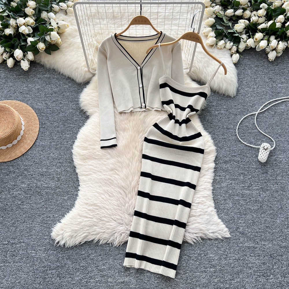 Feminine style outfit: 2025 new arrival - slim-fit striped knit camisole dress with long-sleeved cardigan jacket