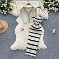 Feminine style outfit: 2025 new arrival - slim-fit striped knit camisole dress with long-sleeved cardigan jacket