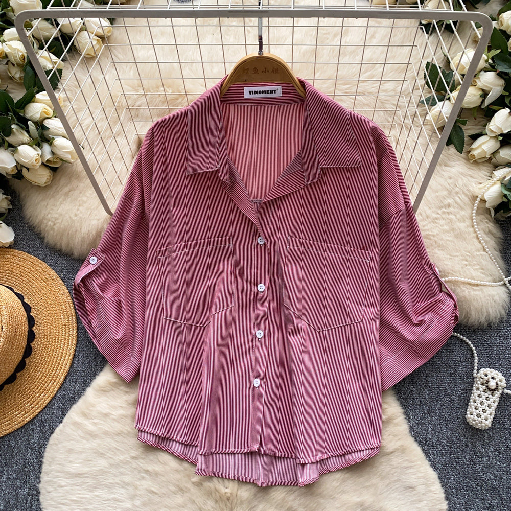 Korean style commute-ready striped shirt: breathable, skin-friendly, women's  summer short-sleeve loose-fit cardigan, solid color, elegant top