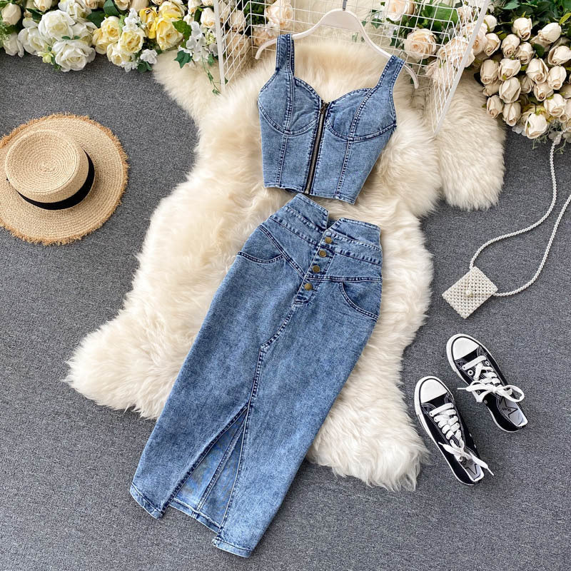 Hong kong style ins women's clothing suit2020new arrival female sexyshort camisole high waist denim skirt trendy