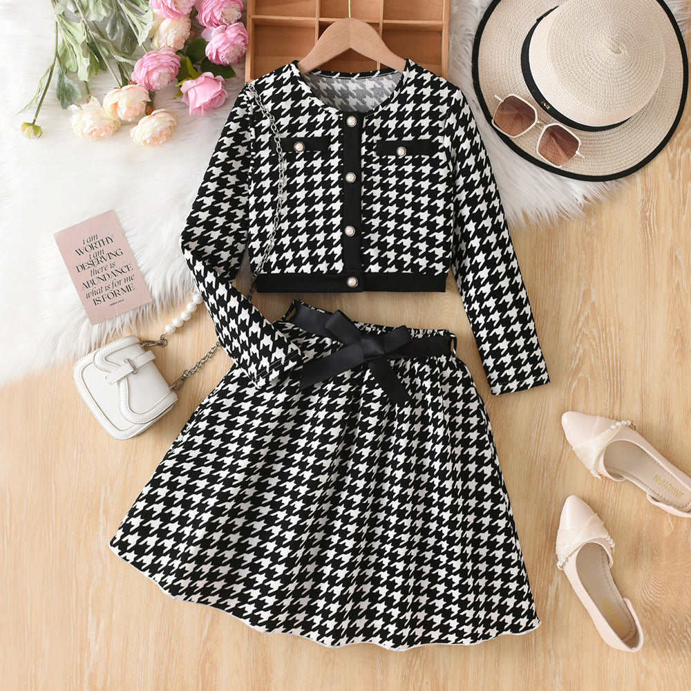 girl's tweed stylesuit chidori plaidlong sleevesoutwearbows belt skirt kidstwo-piece set