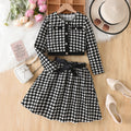 girl's tweed stylesuit chidori plaidlong sleevesoutwearbows belt skirt kidstwo-piece set