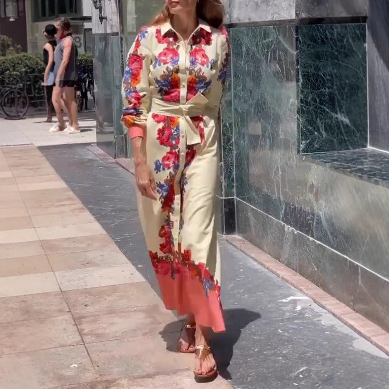 new european and american style women's casual printed tie-neck dress for cross-border e-commerce