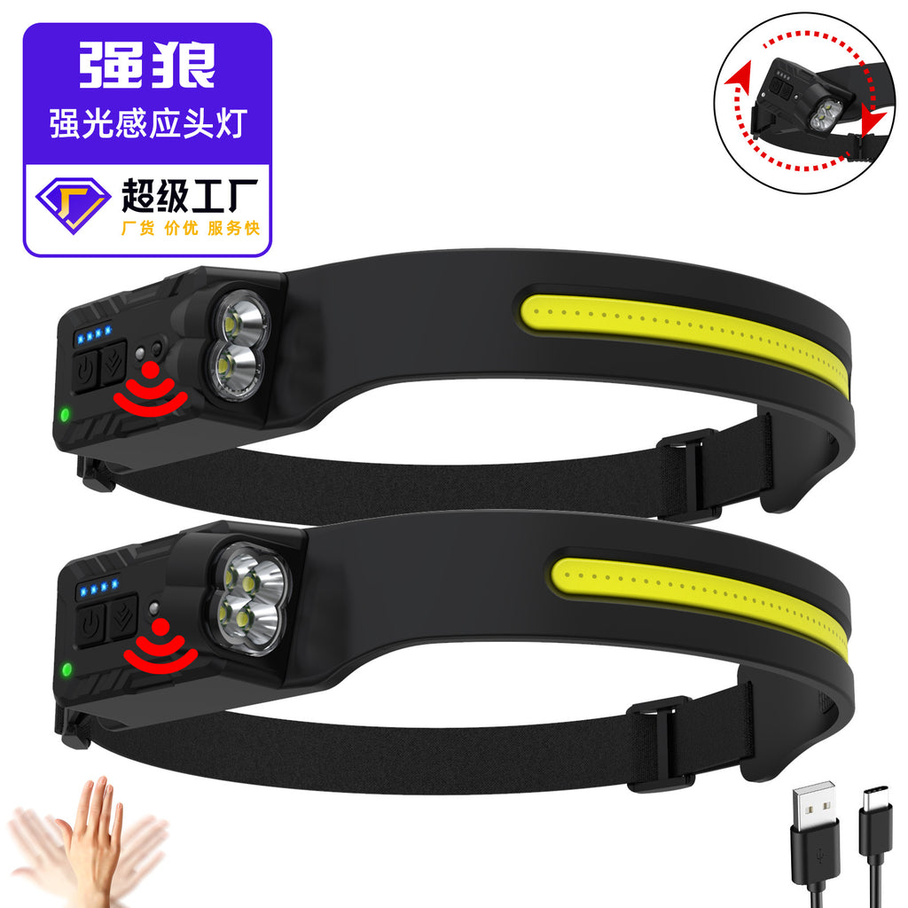 Cross-border new silicone COB headlights, rechargeable night running, cycling, camping, induction rotation adjustment headlights