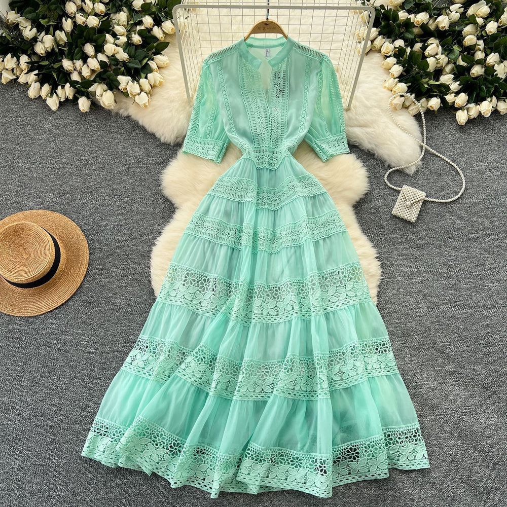 Frenchretro palace style dress women's waist slimming lookelegant puff sleeves lacepatchwork large swing dress long skirt
