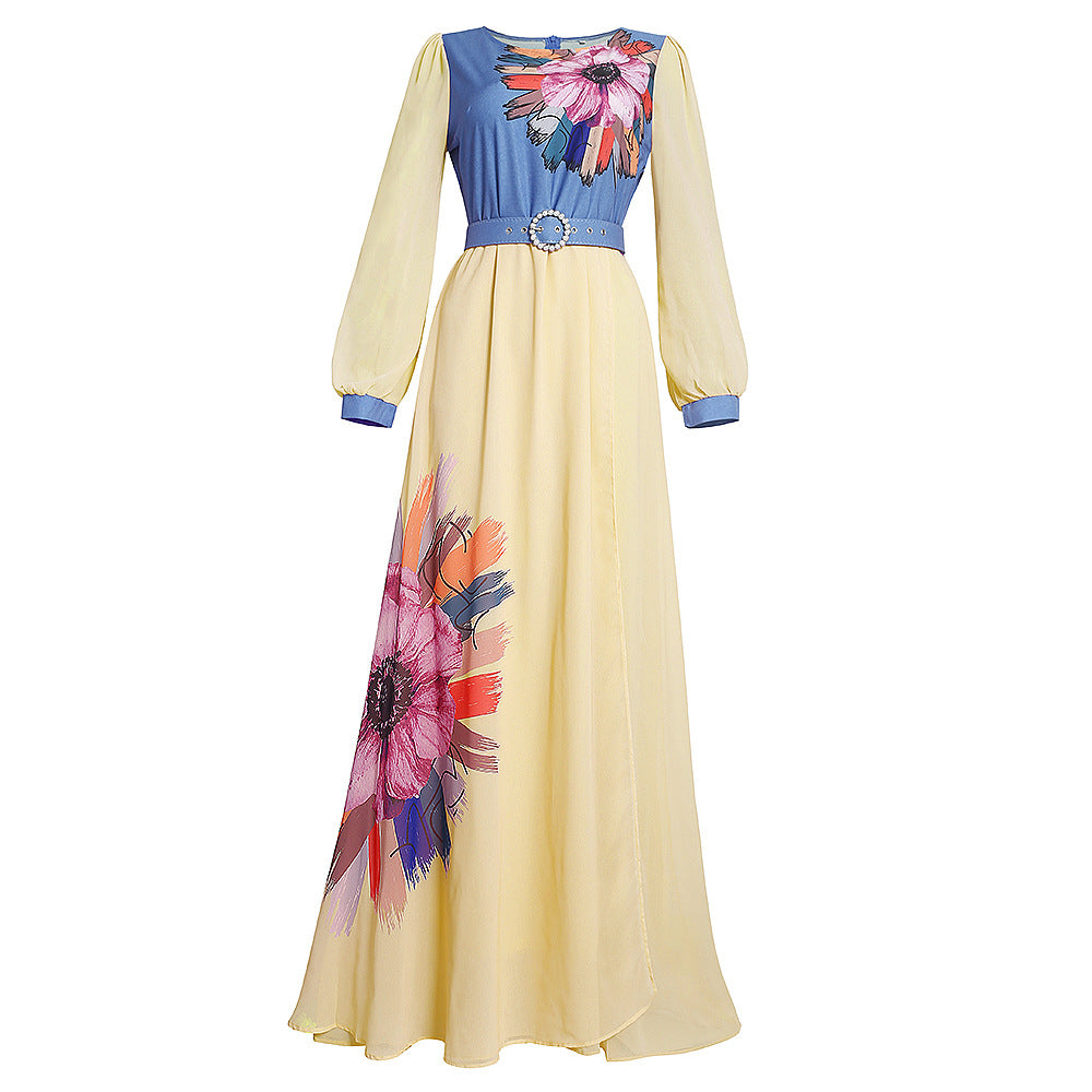 African women's plus size new fashion elegant high waist slimming printed long sleeve dress - cross-border supply, ready stock