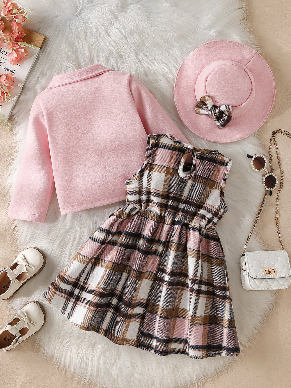 exclusive supply of elegance woolen outwear + plaid a-skirt + bow hat fall and wintergirlsuit three-piece set