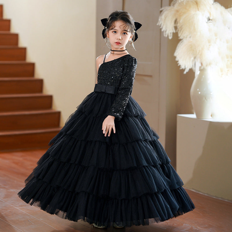Girls' formal dresses princess gowns high-end little host runway fashion european and american black performance costumes light luxury hepburn style dresses for girls