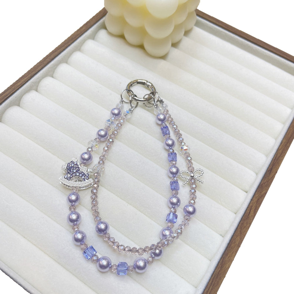 Ins style handmade pearl double chain mobile phone case lanyard creative rhinestone rocking horse pendant wrist crystal one piece dropshipping