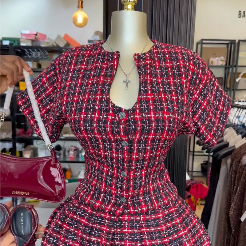 European and american cross-border women's fashion:  summer new collection - stylish and unique plaid short-sleeve top and pleated midi skirt set