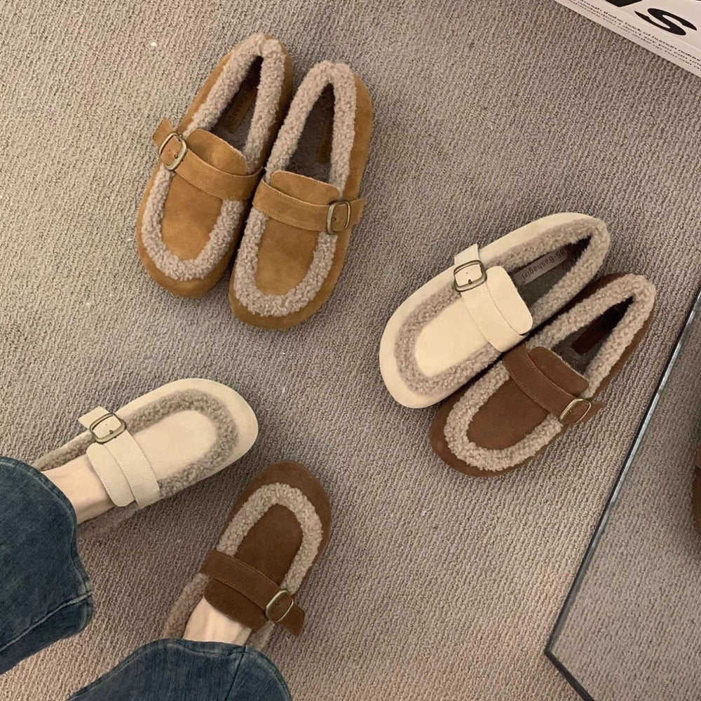 Retrofleece-lined loafers for women 2026fall and winterheattech shoes slip-on grandma soft bottom birkenstock shoes women's shoes cotton shoes