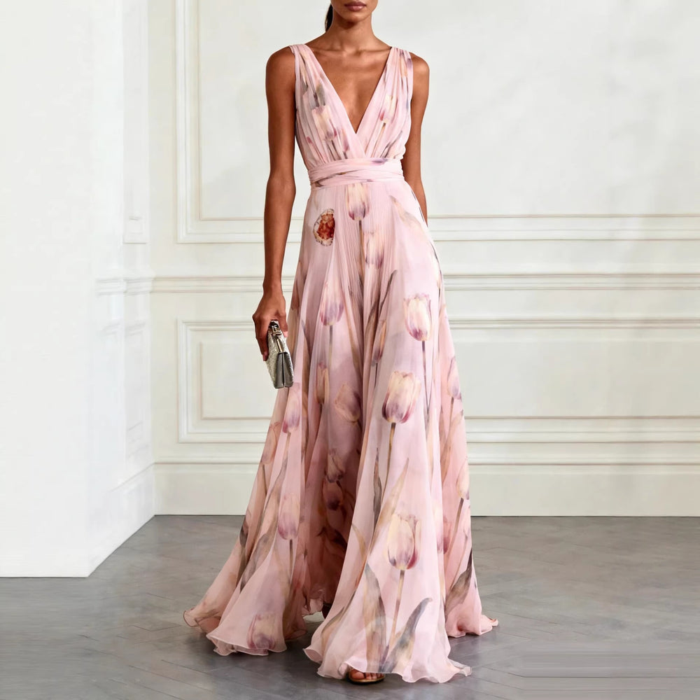 women's summer new arrivals: european and american style cross-border dress - elegant printed, waist-cinching v-neck dress