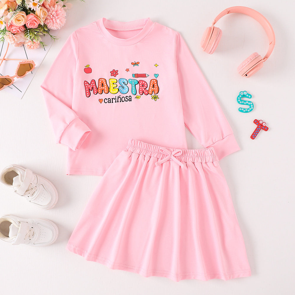 girls' pink long-sleeve sweatshirt and pleated skirt set - autumn casual two-piece outfit with letter appliqué