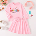 girls' pink long-sleeve sweatshirt and pleated skirt set - autumn casual two-piece outfit with letter appliqué