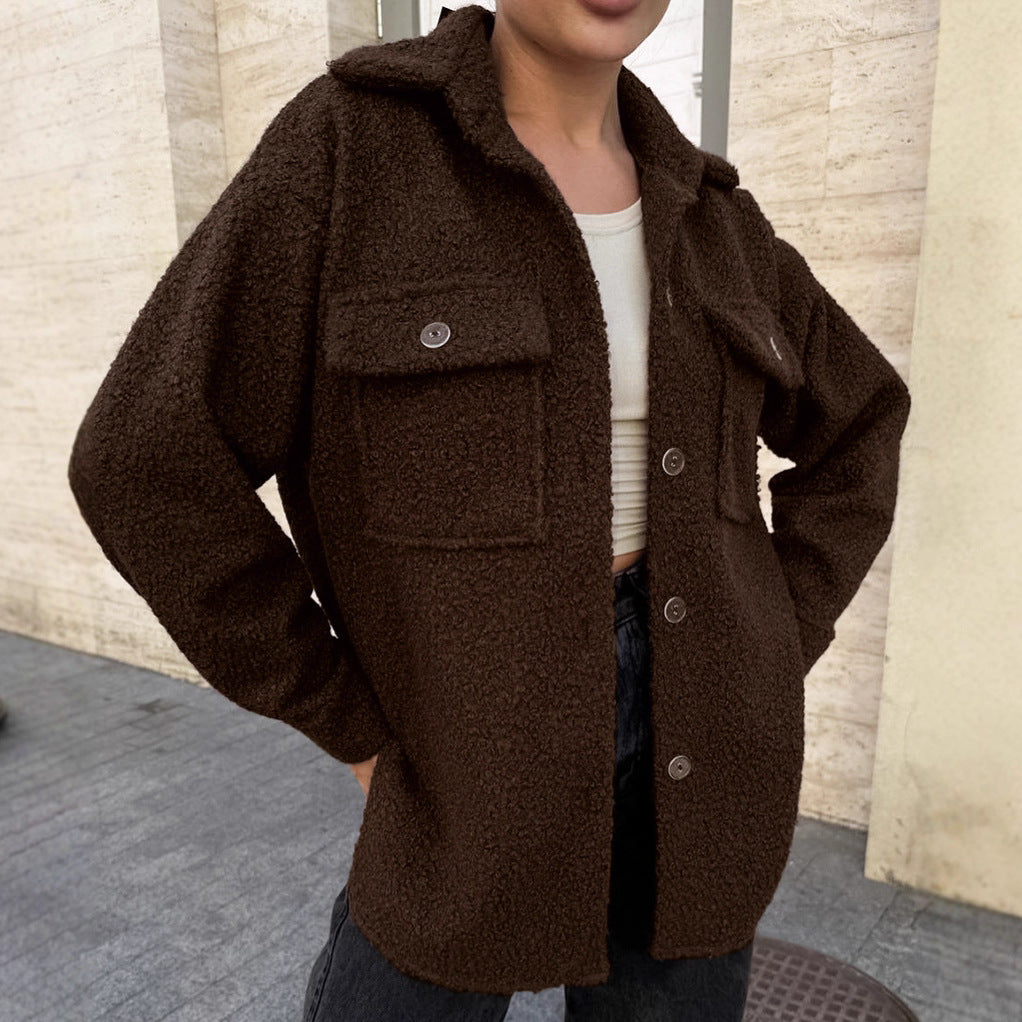 Cross-border autumn and winter new fleece jacket women's high-end classic basic versatile long-sleeved lapel loose cardigan