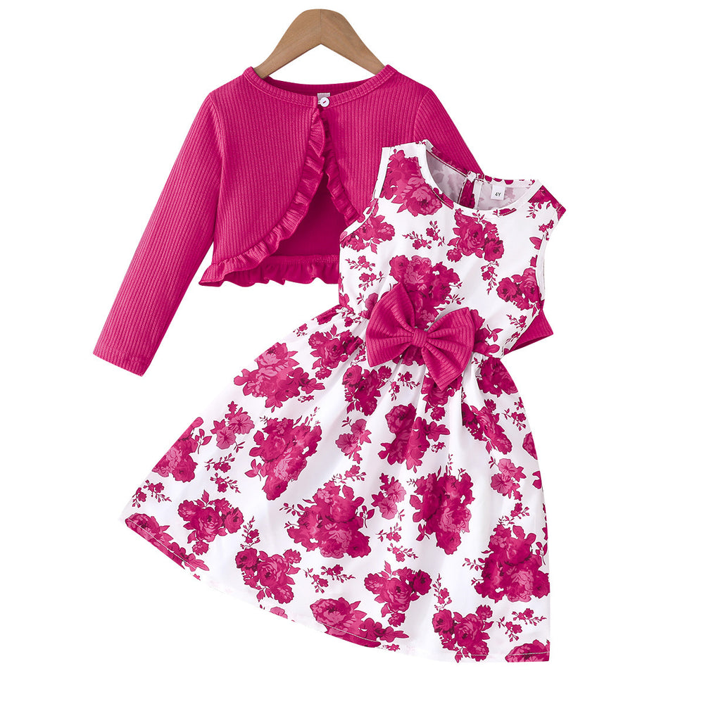 exclusive: kids' fashion solid color jacket & printed dress two-piece set - trendy pink collection