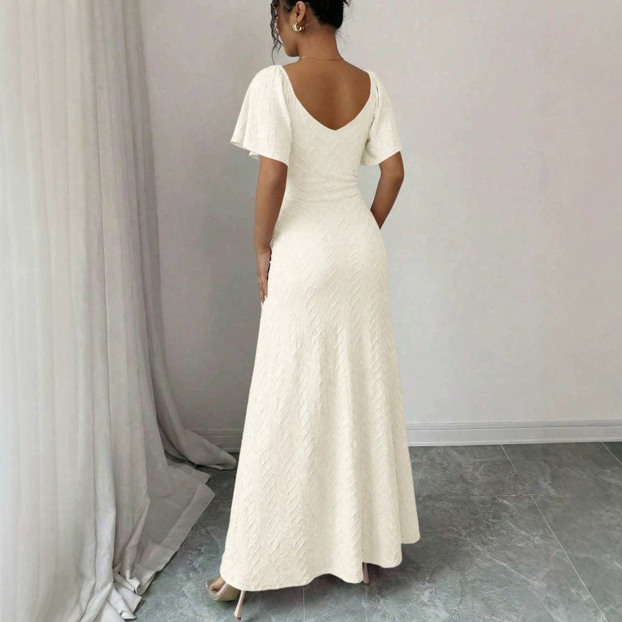 summer new arrival:  tume european and american v-neck drawstring tie sexy short-sleeve solid color dress