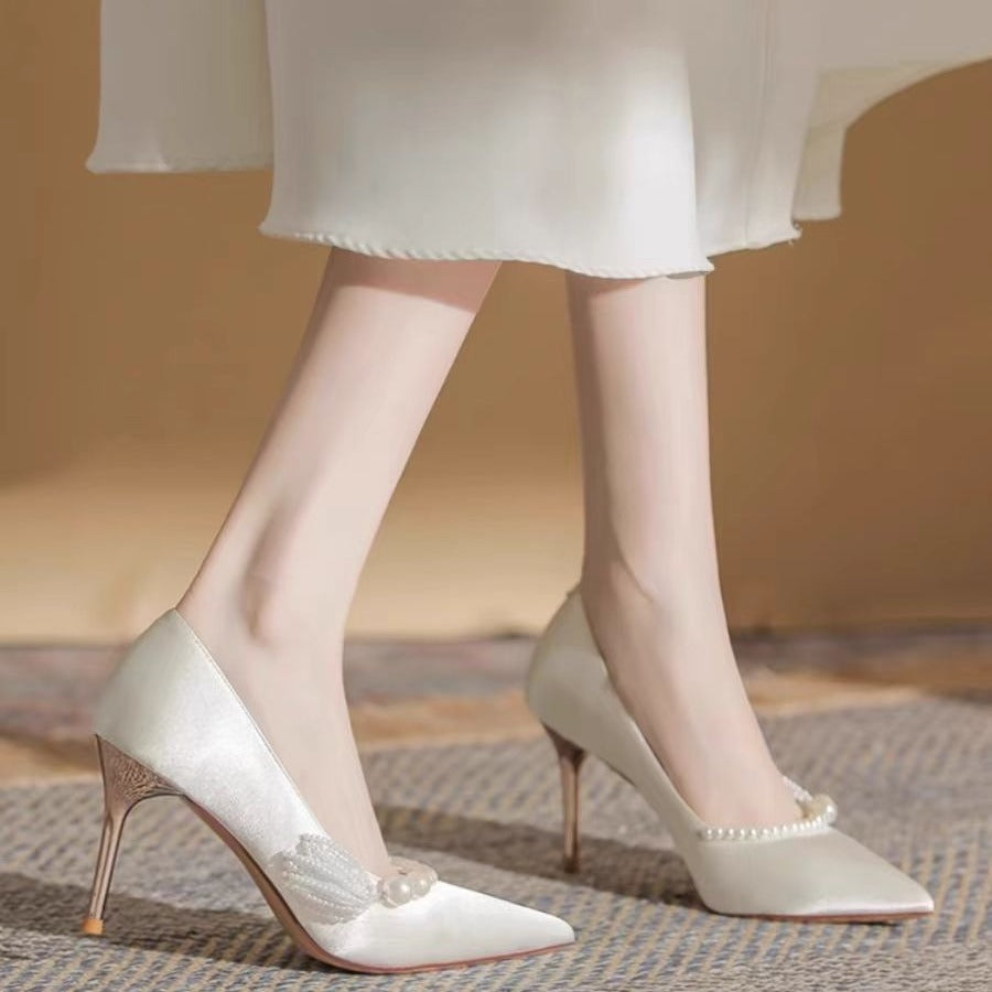 Pearl red wedding shoes! niche style elegant suede bridal xiuhe shoes engagement dinner with cheongsam bridesmaid high heels