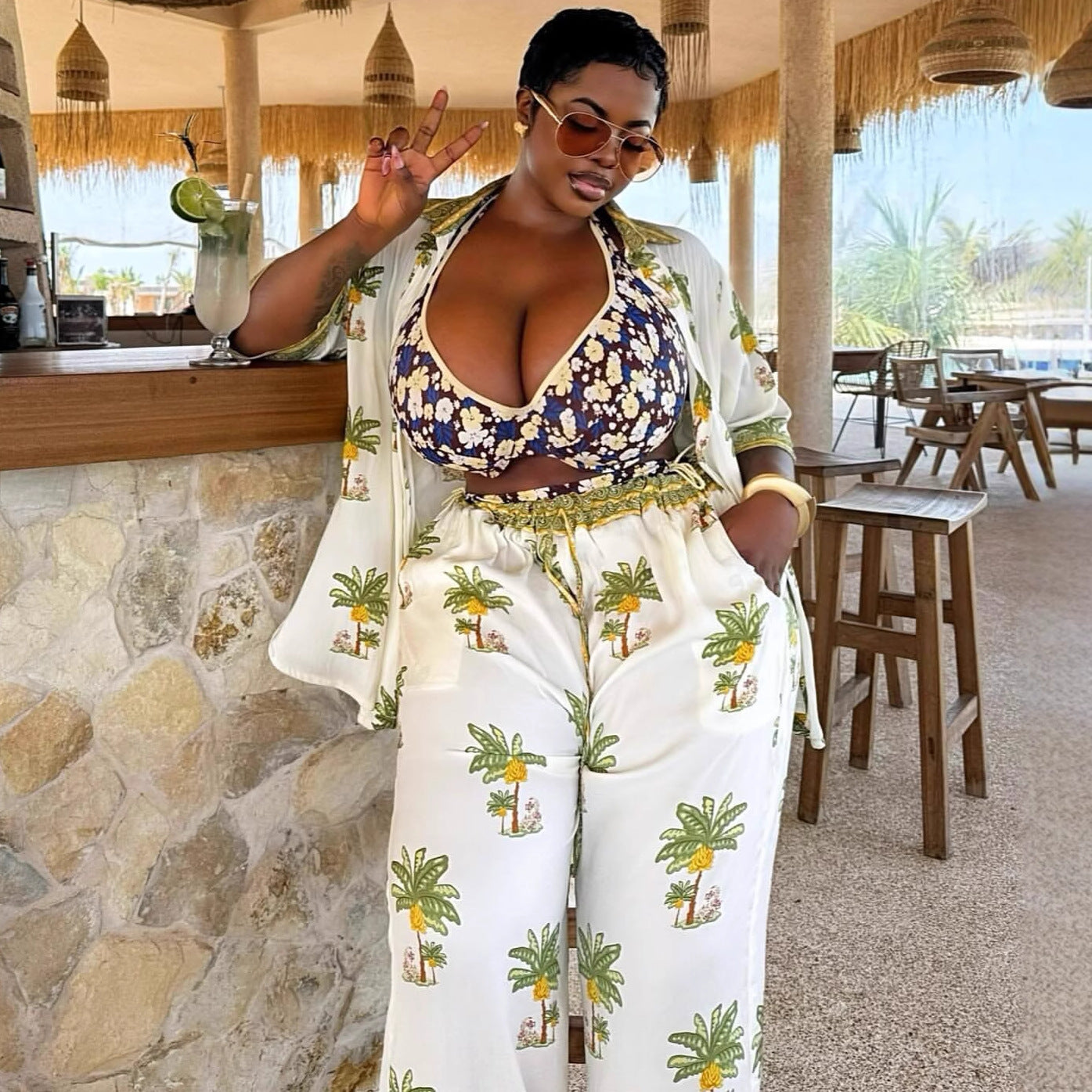 European and American large-size casual women's clothing set printed cardigan shirt trousers women's African loose fashion new two-piece set