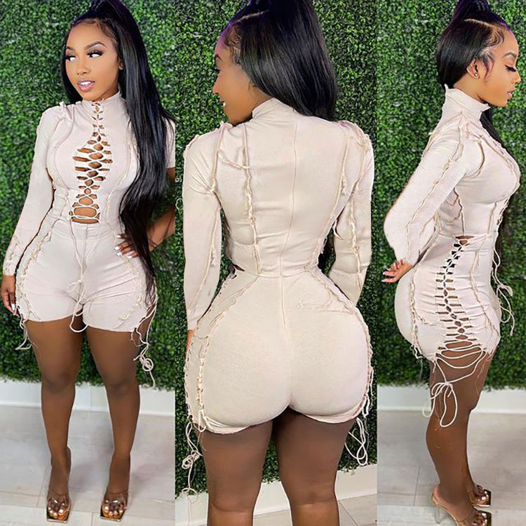 European and american cross-border women's fashion:  independent site, foreign trade, stylish, sexy, color block, solid color drawstring long sleeve jumpsuit