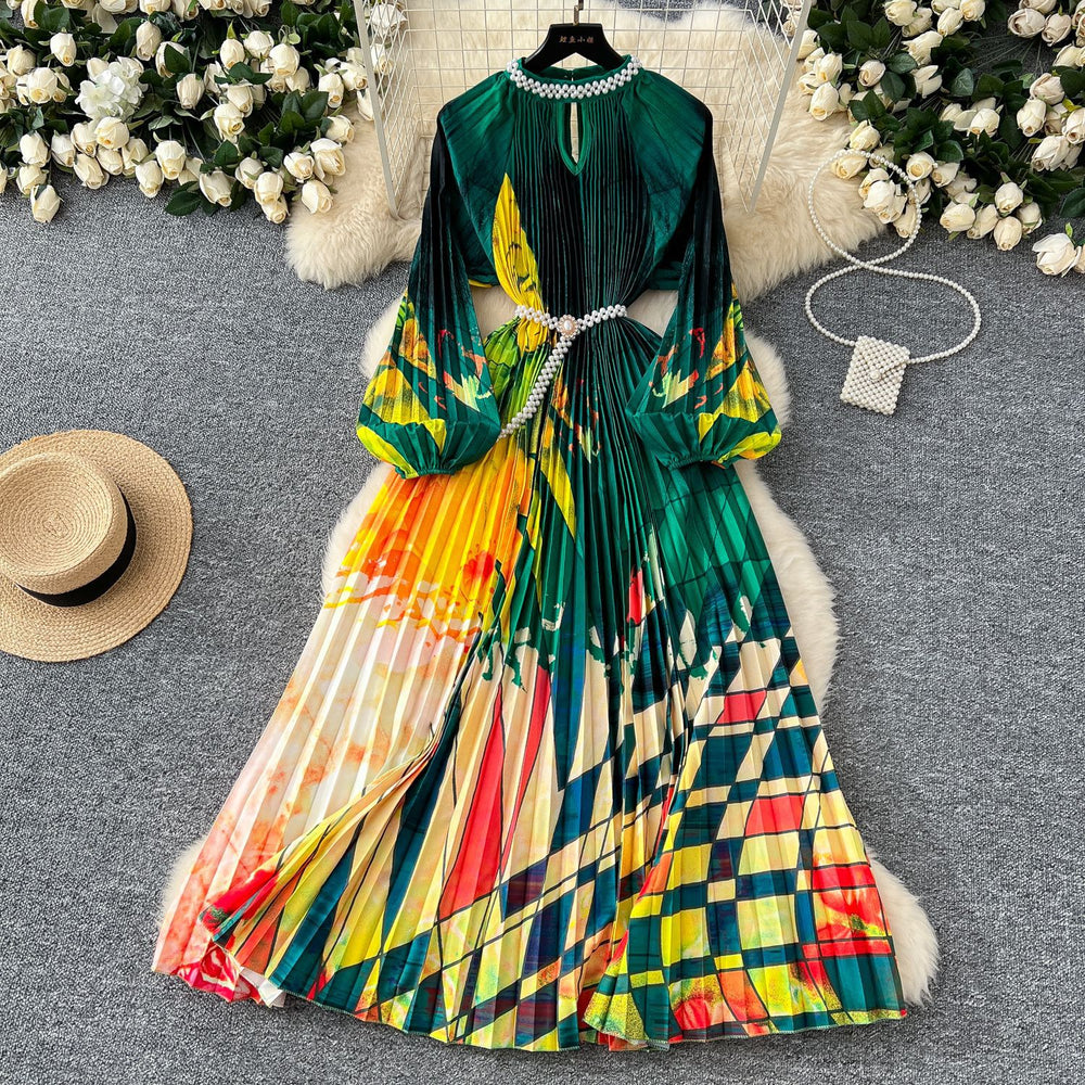 European and american style high-end round neck beaded lantern sleeve pearl belt waist-defining elegant long printed pleated dress