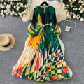 European and american style high-end round neck beaded lantern sleeve pearl belt waist-defining elegant long printed pleated dress