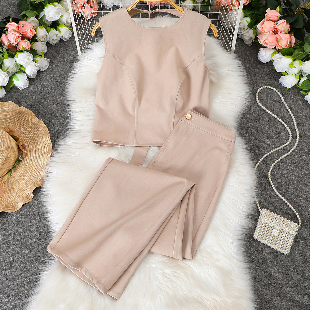 Women's elegant casual sleeveless set: round neck cropped backless top & high-waisted pants - minimalist commute style two-piece