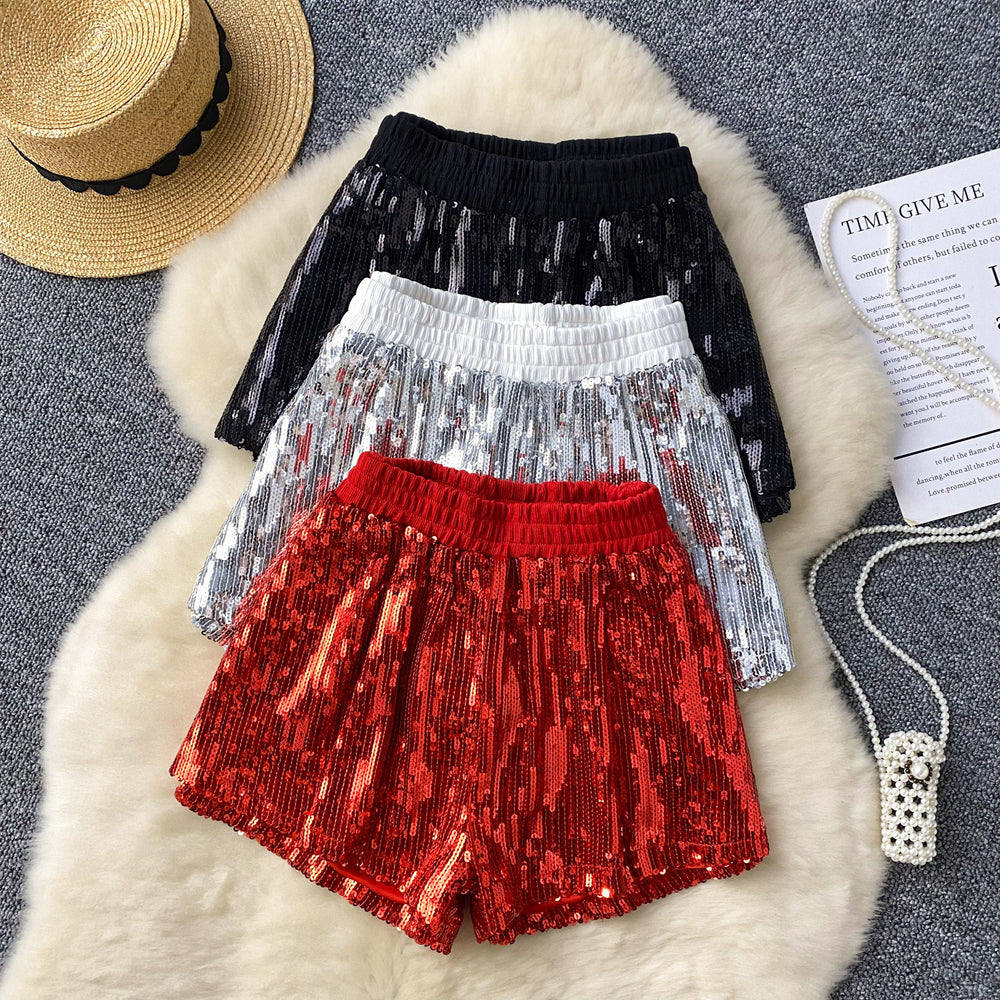 Heavy sequin sparklingshorts women's elastic waist easiest for matchslimming looka-line loose pants summernew arrival crotch casual pants