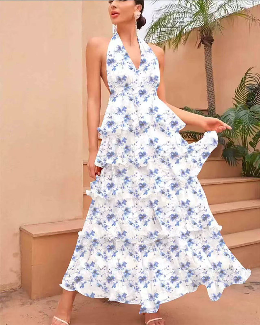 spring new arrival: european and american style women's fashionable and sexy v-neck camisole dress with multi-layered print